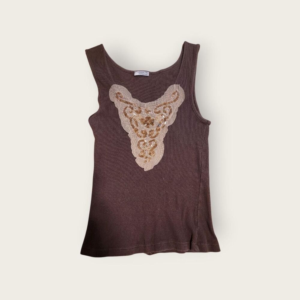 Vintage Y2k early 2000s Outlooks brown ribbed beaded neckline boho tank top